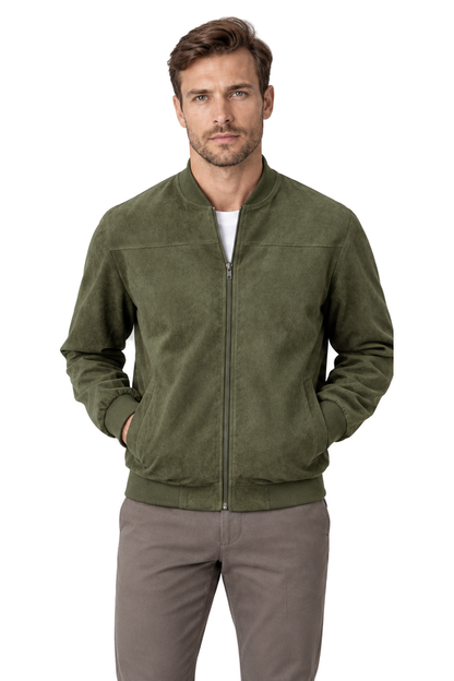 Men's Bomber Jacket Suede Finish Stand Collar in Army Green - front view