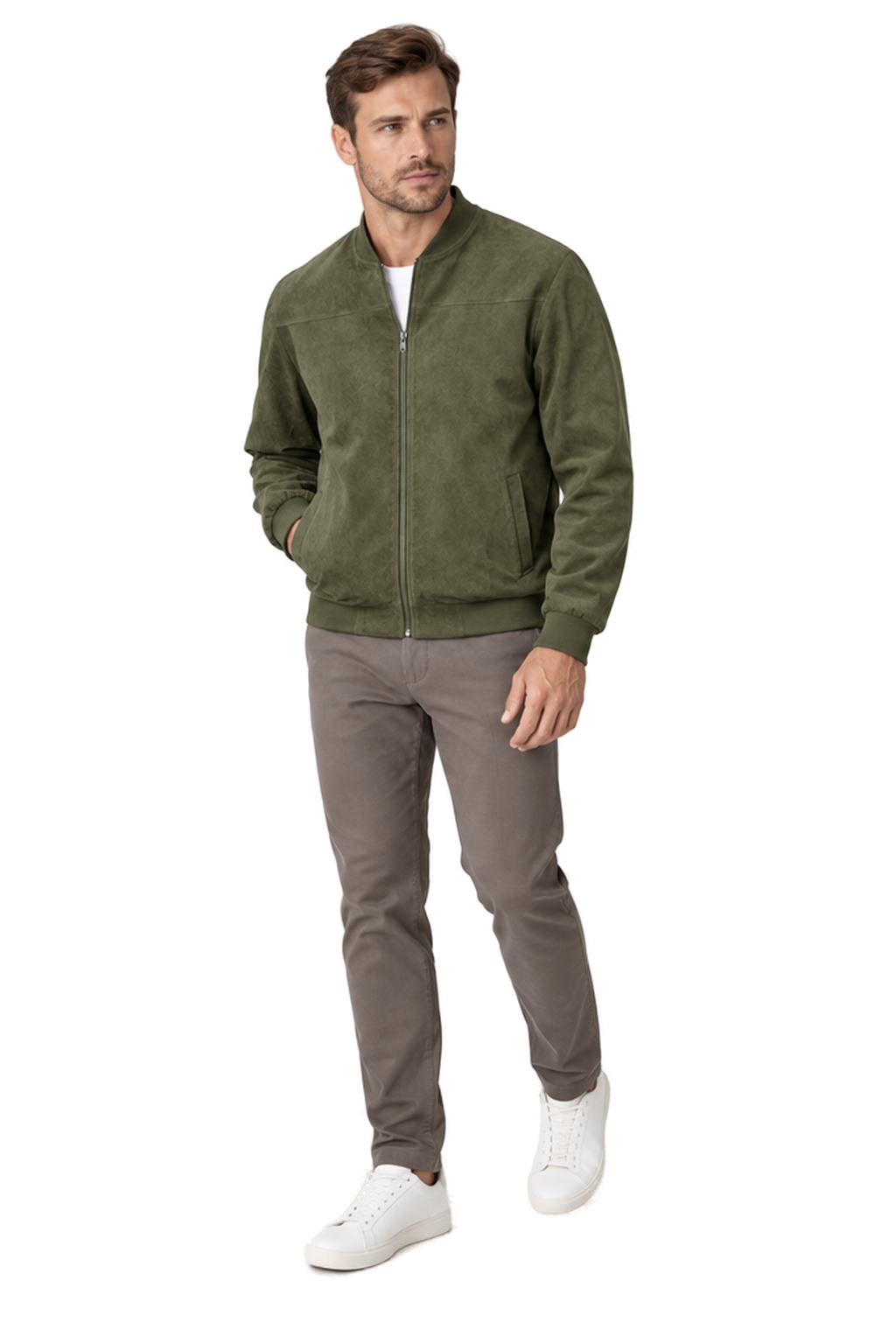 Men's Bomber Jacket Suede Finish Stand Collar in Army Green - longinho view