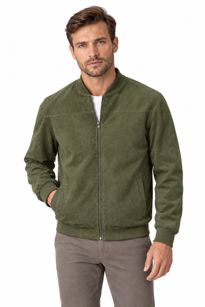 Men's Bomber Jacket Suede Finish Stand Collar in Army Green - perto view