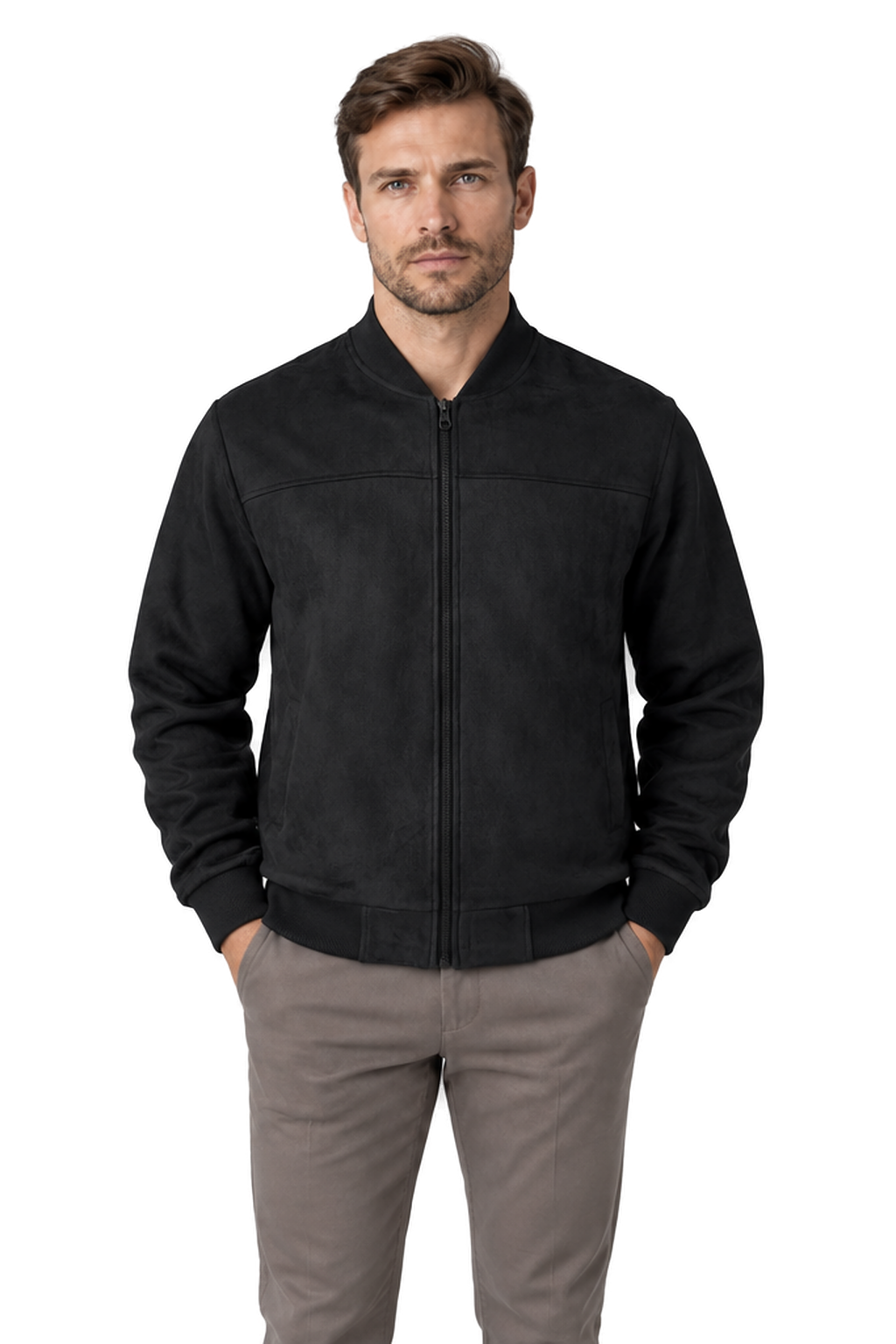 Men's Bomber Jacket Suede Finish Stand Collar in Black - front view