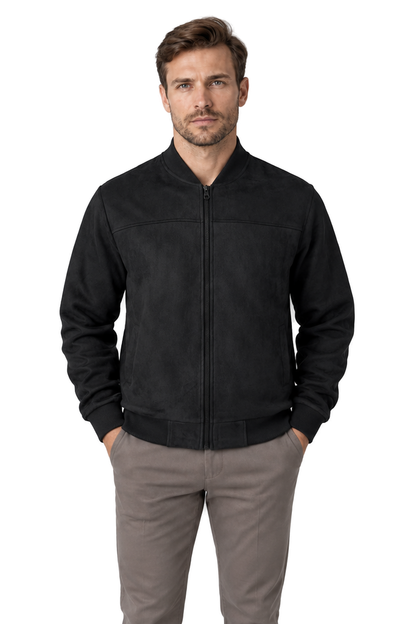 Men's Bomber Jacket Suede Finish Stand Collar in Black - front view