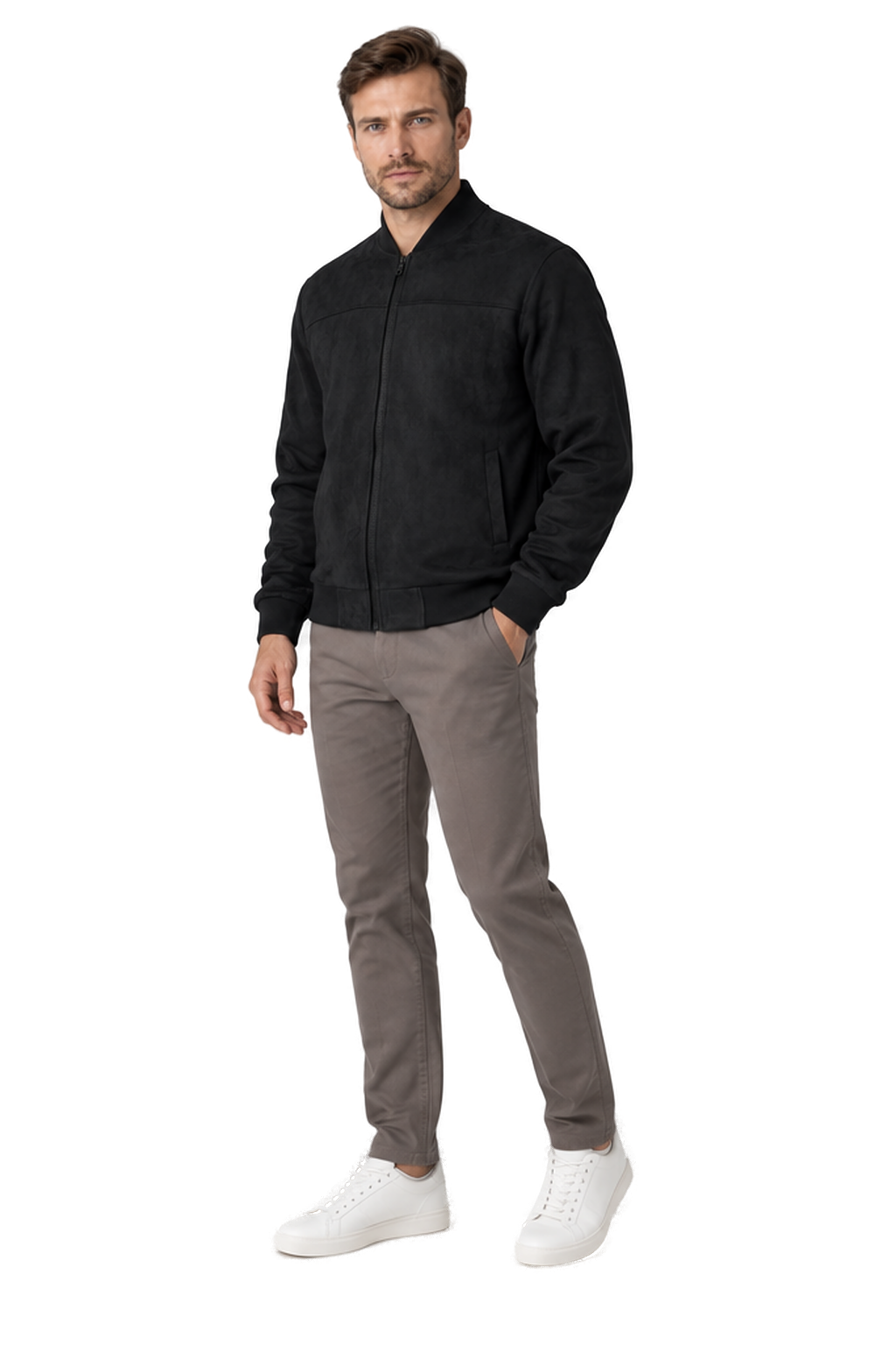 Men's Bomber Jacket Suede Finish Stand Collar in Black - longinho view