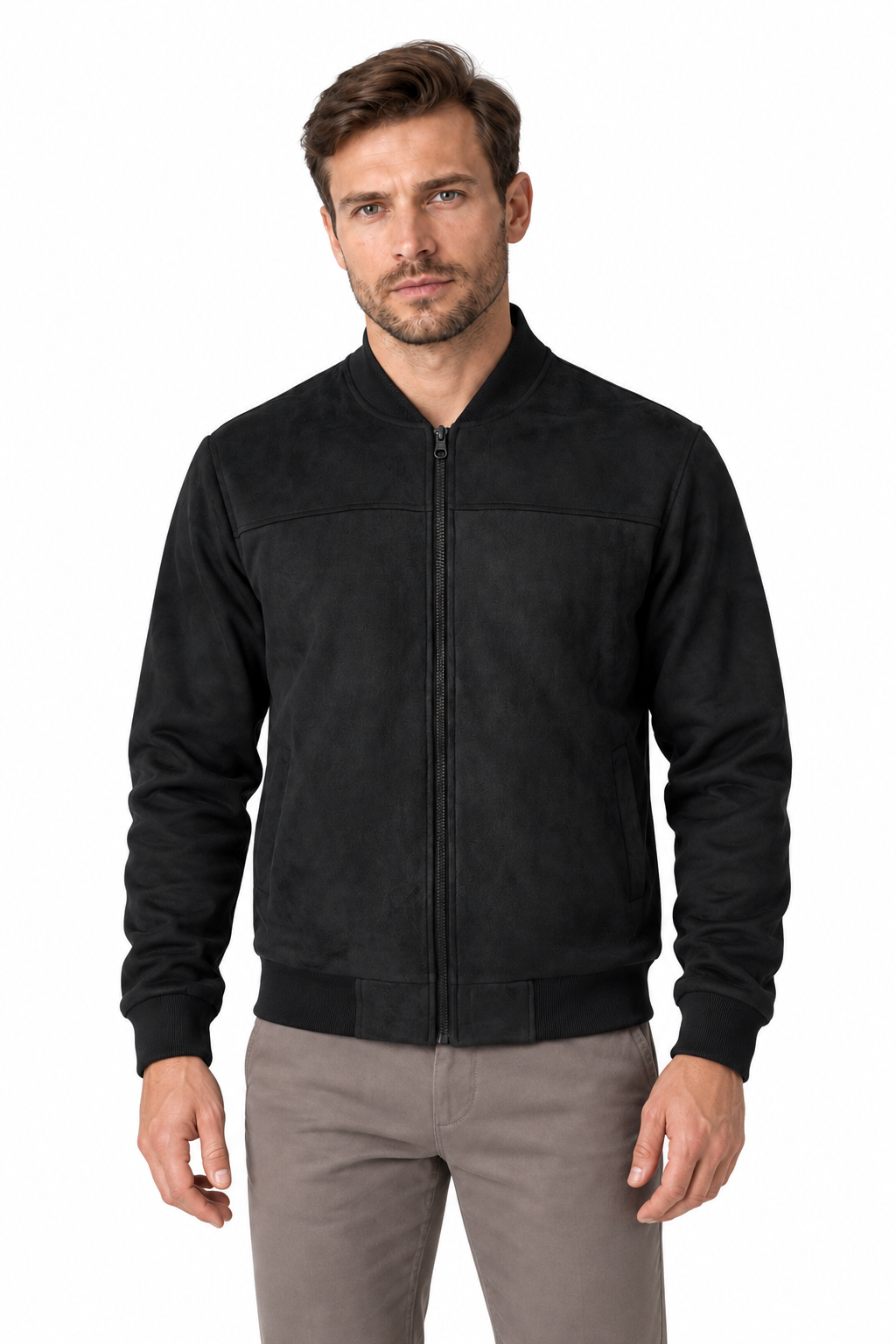 Men's Bomber Jacket Suede Finish Stand Collar in Black - perto view