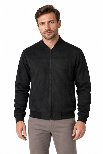 Men's Bomber Jacket Suede Finish Stand Collar in Black - perto view
