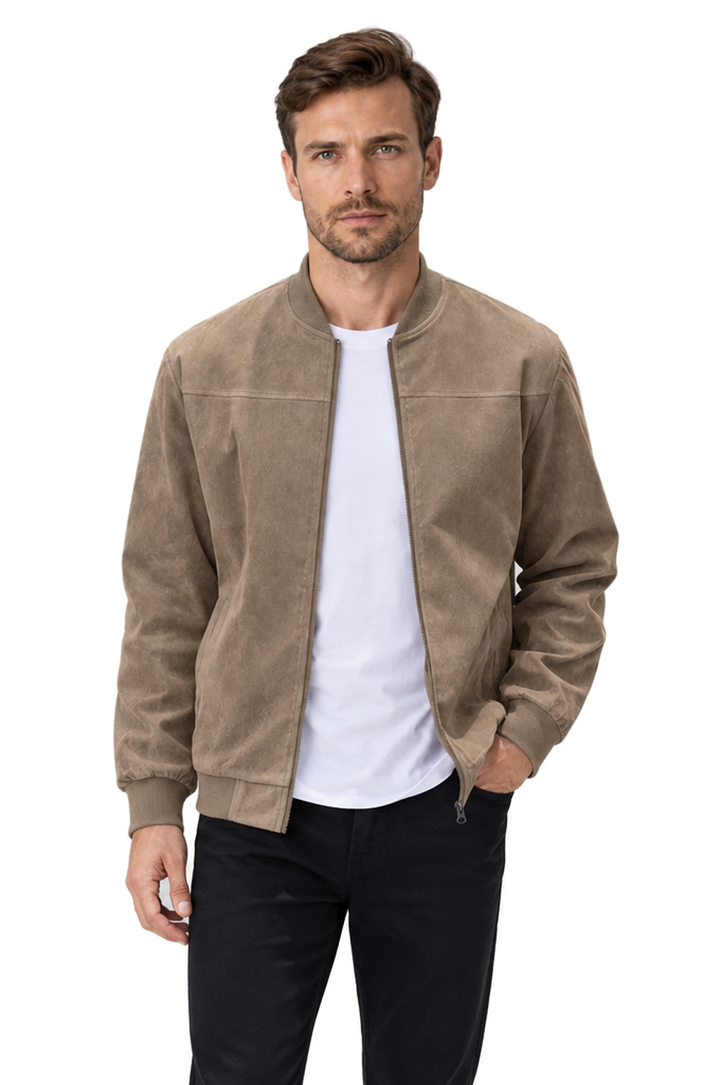 Men's Bomber Jacket Suede Finish Stand Collar in Camel - front view