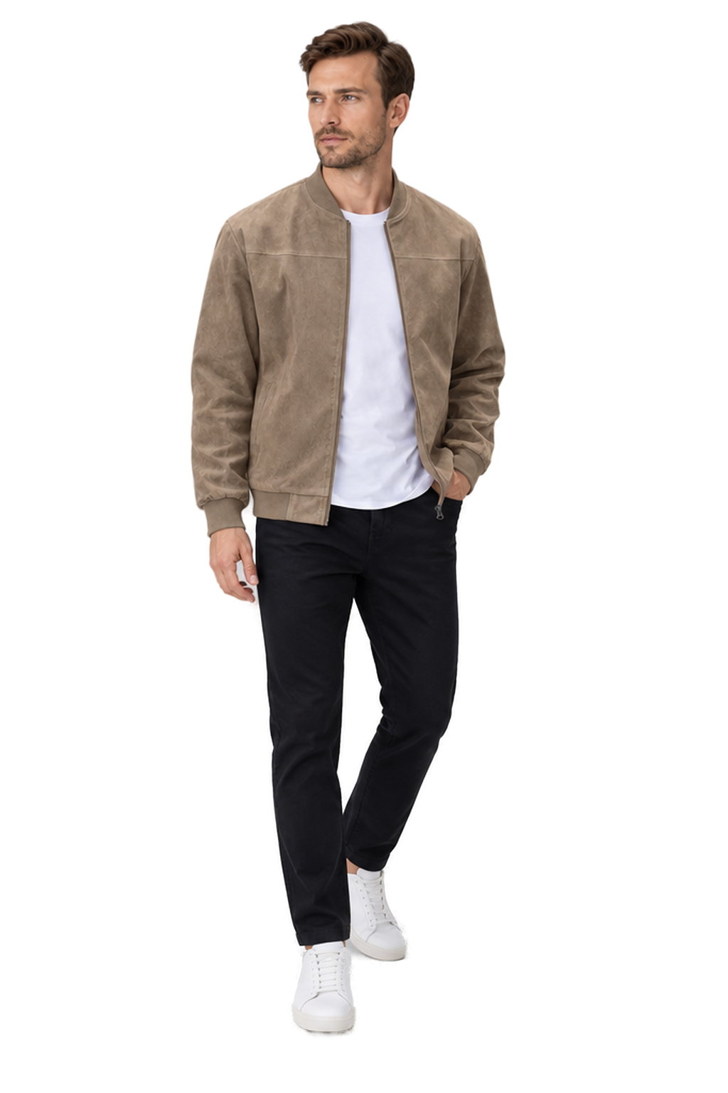 Men's Bomber Jacket Suede Finish Stand Collar in Camel - longinho view