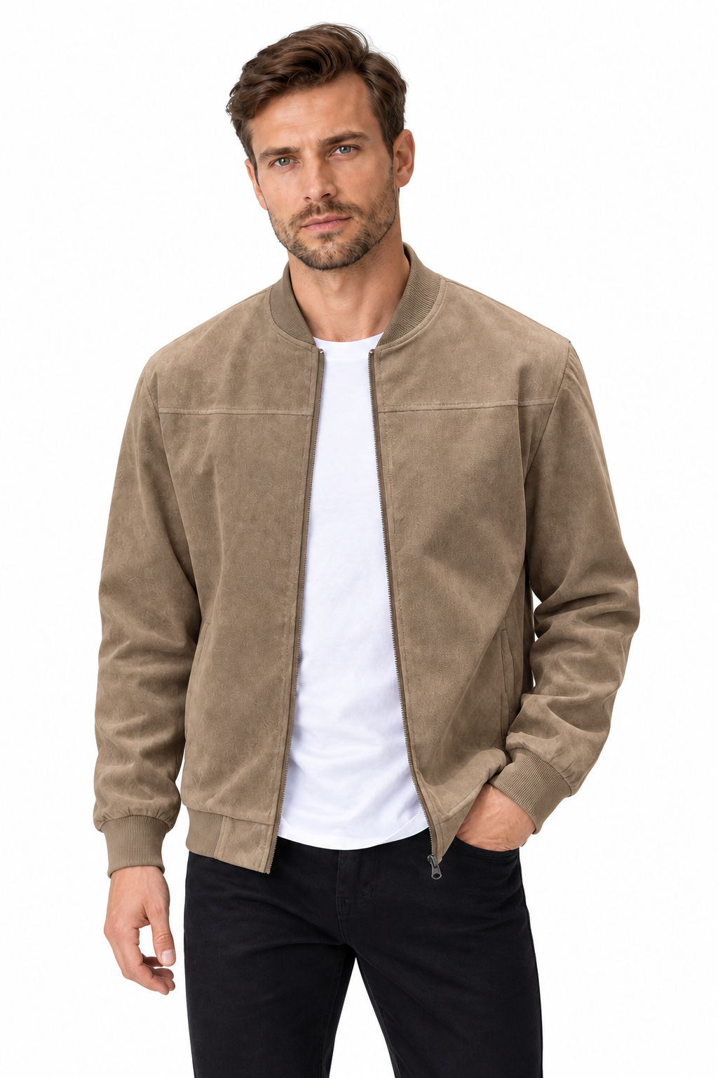 Men's Bomber Jacket Suede Finish Stand Collar in Camel - perto view