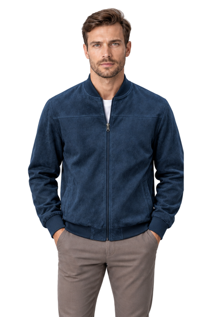 Men's Bomber Jacket Suede Finish Stand Collar in Navy Blue - front view
