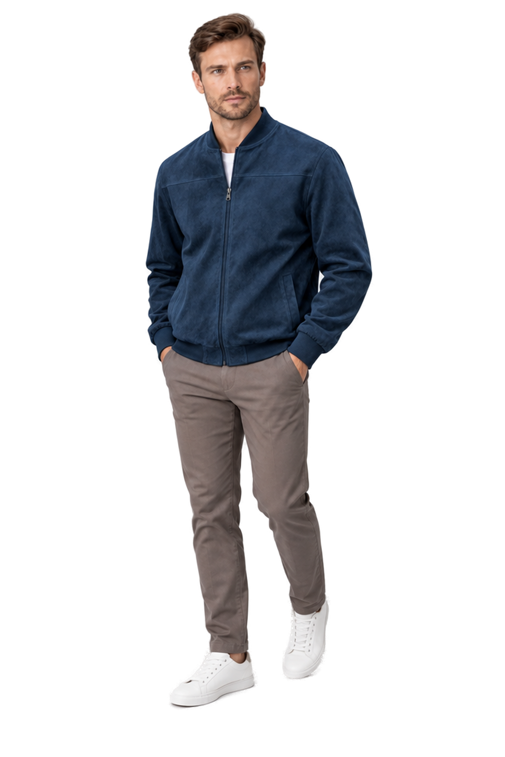Men's Bomber Jacket Suede Finish Stand Collar in Navy Blue - longinho view