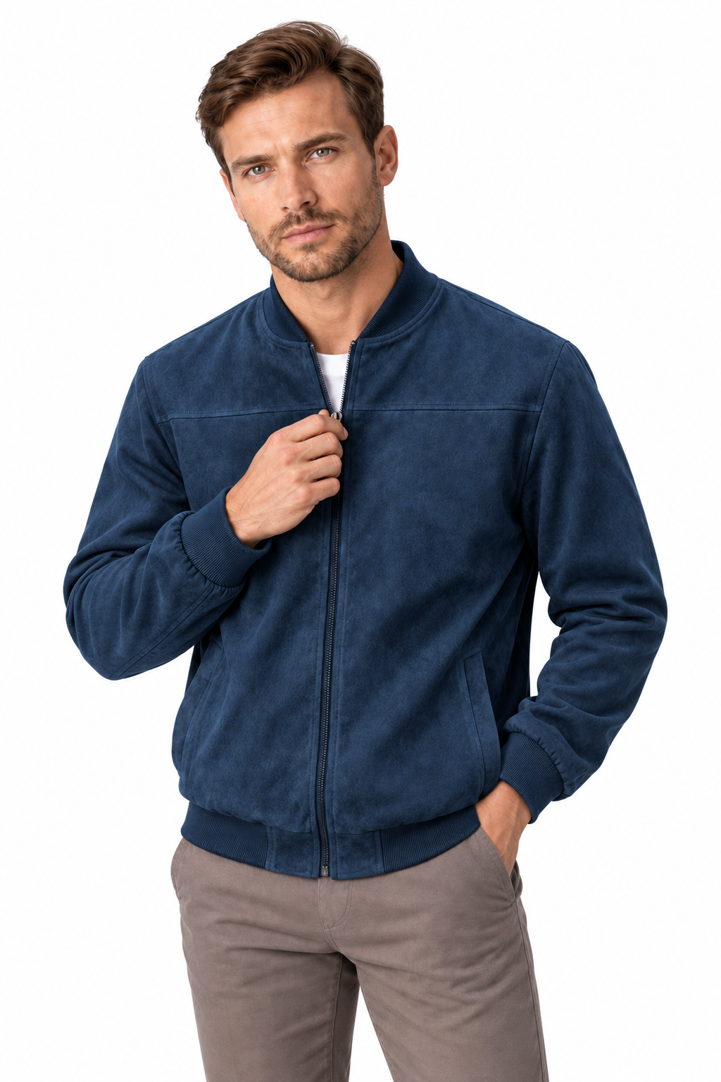 Men's Bomber Jacket Suede Finish Stand Collar in Navy Blue - perto view