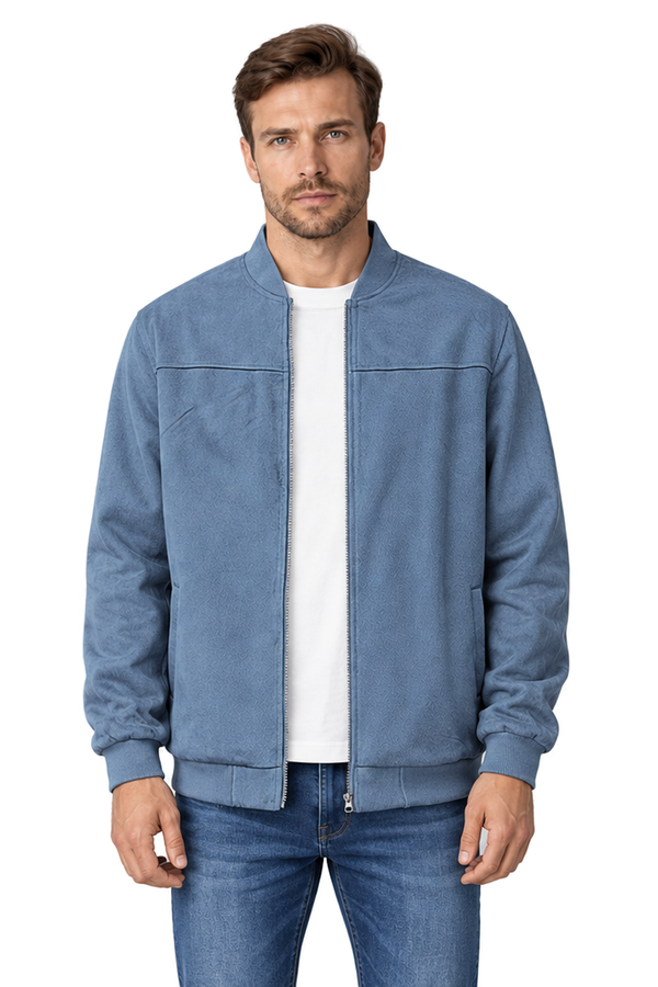 Men's Bomber Jacket Suede Finish Stand Collar in Sea Blue - front view