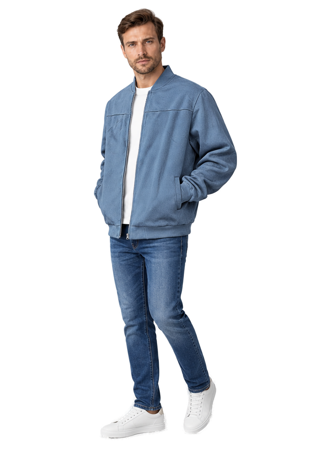 Men's Bomber Jacket Suede Finish Stand Collar in Sea Blue - longinho view
