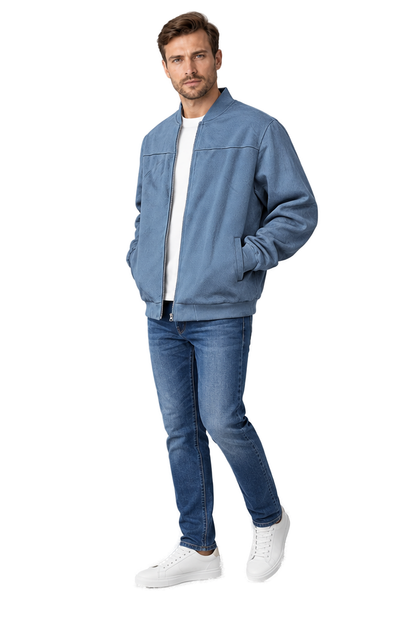 Men's Bomber Jacket Suede Finish Stand Collar in Sea Blue - longinho view