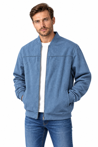 Men's Bomber Jacket Suede Finish Stand Collar in Sea Blue - perto view