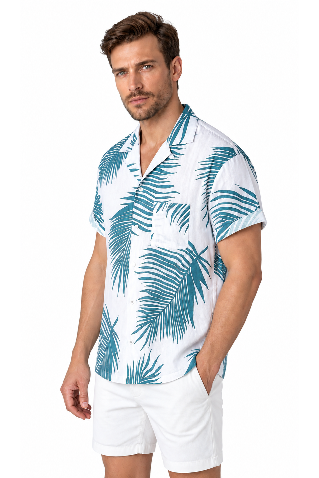 Men's Camp-Collar Shirt Tropical Print Relaxed Fit, Blue palm, three-quarter model view