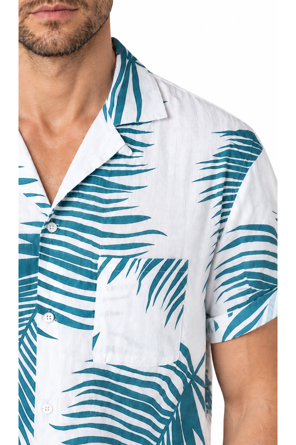 Men's Camp-Collar Shirt Tropical Print Relaxed Fit, Blue palm, close-up of original fabric and garment details