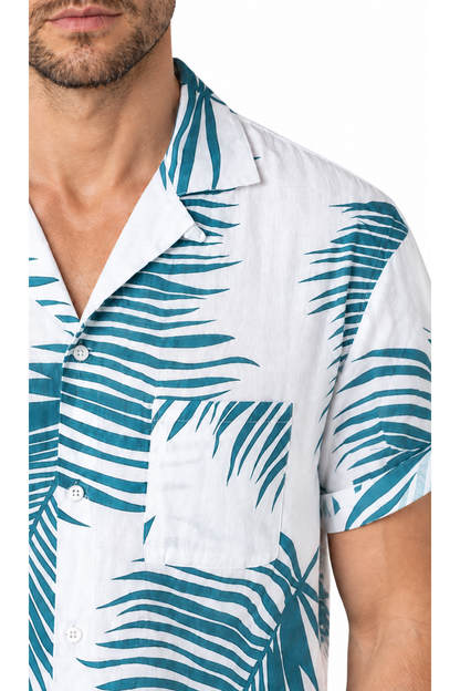 Men's Camp-Collar Shirt Tropical Print Relaxed Fit, Blue palm, close-up of original fabric and garment details