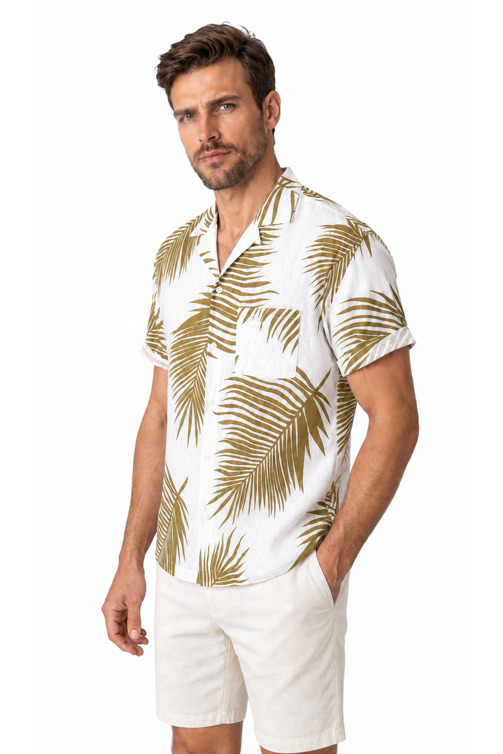 Men's Camp-Collar Shirt Tropical Print Relaxed Fit, Yellow palm, three-quarter model view