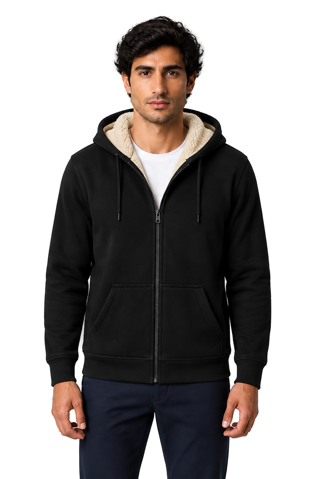 Men's Fleece Hoodie Full Zip Warm Lining in Black - front view