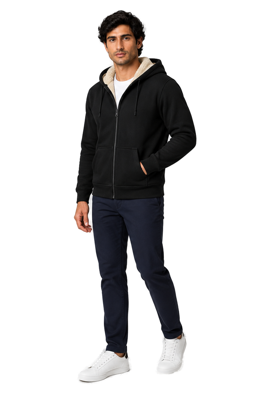 Men's Fleece Hoodie Full Zip Warm Lining in Black - longinho view