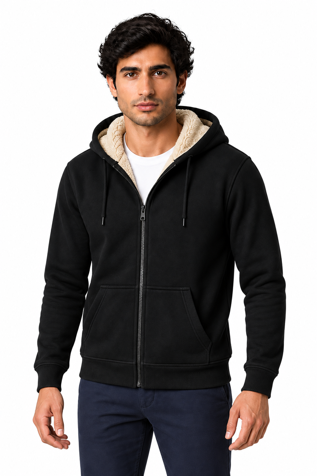 Men's Fleece Hoodie Full Zip Warm Lining in Black - perto view
