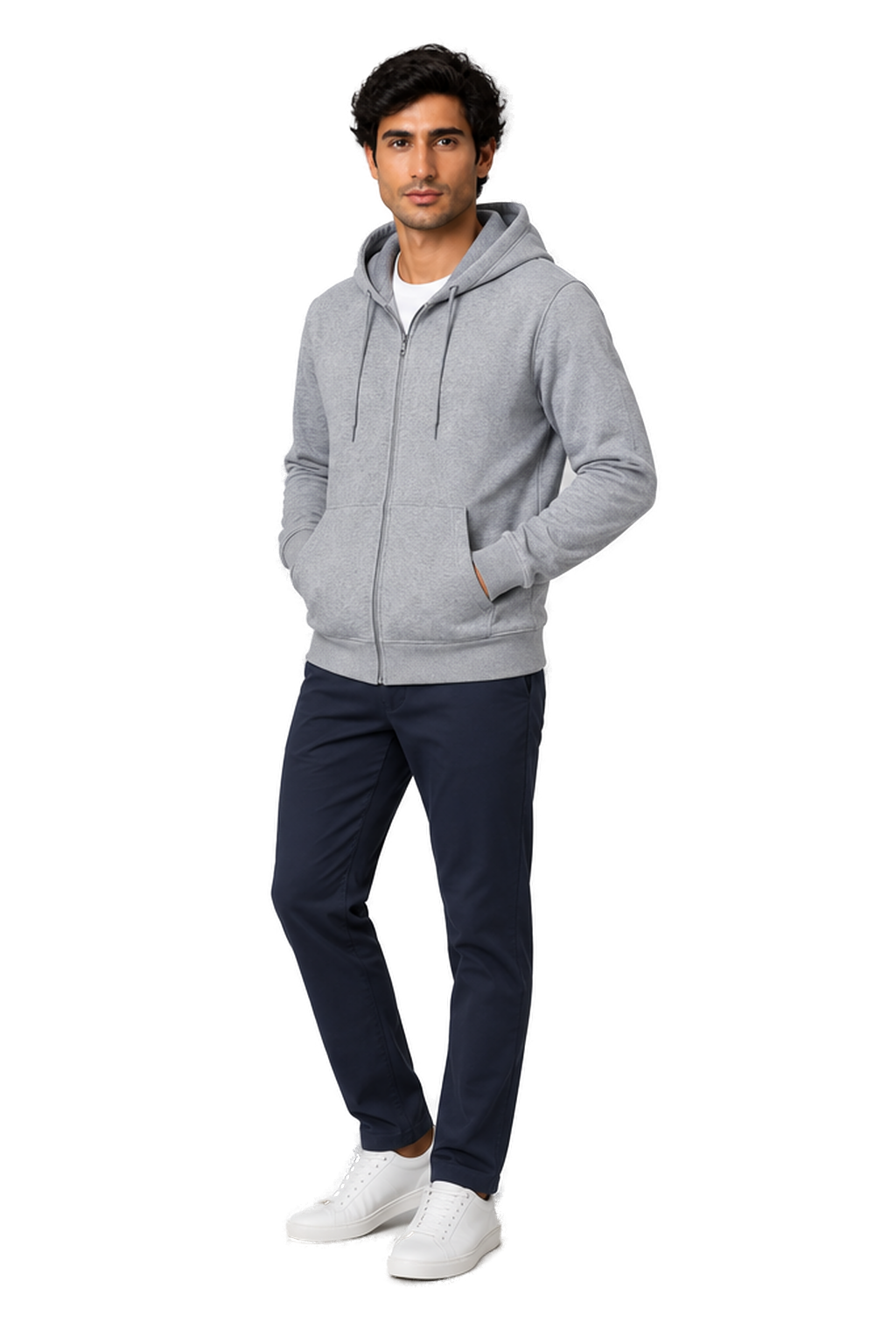 Men's Fleece Hoodie Full Zip Warm Lining in Gray - longinho view