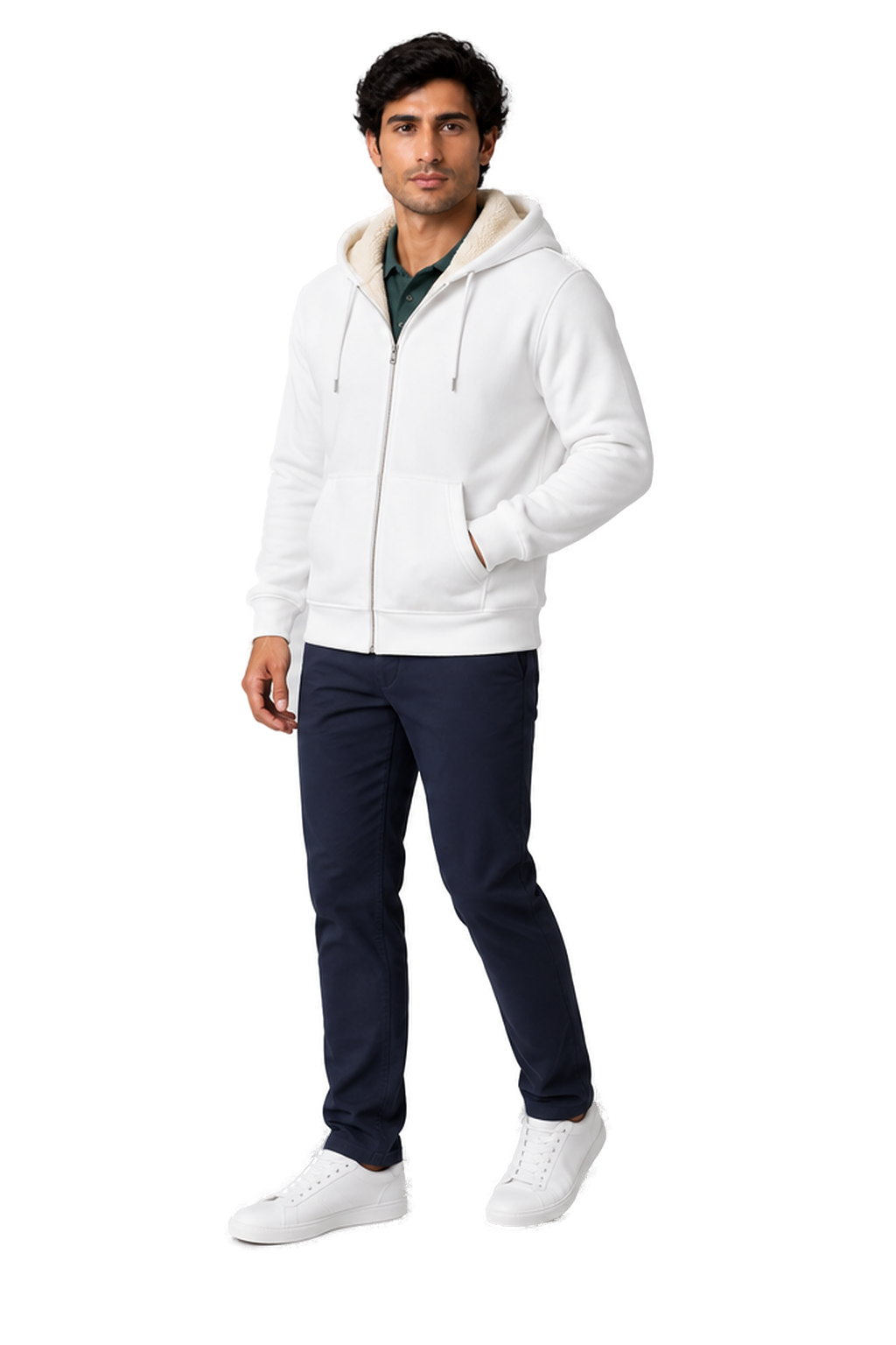 Men's Fleece Hoodie Full Zip Warm Lining in White - longinho view