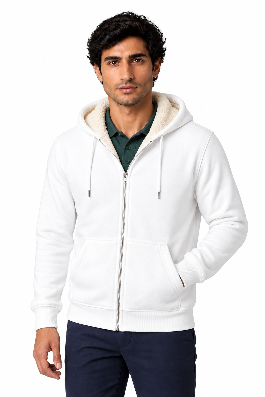 Men's Fleece Hoodie Full Zip Warm Lining in White - perto view