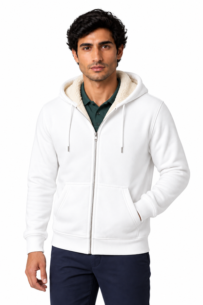 Men's Fleece Hoodie Full Zip Warm Lining in White - perto view
