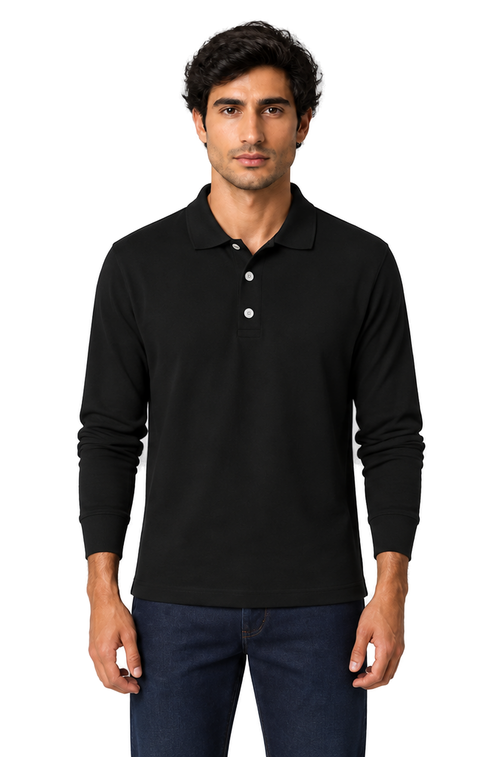 Men's Long Sleeve Polo Shirt Soft Knit Button Collar in Black - front view