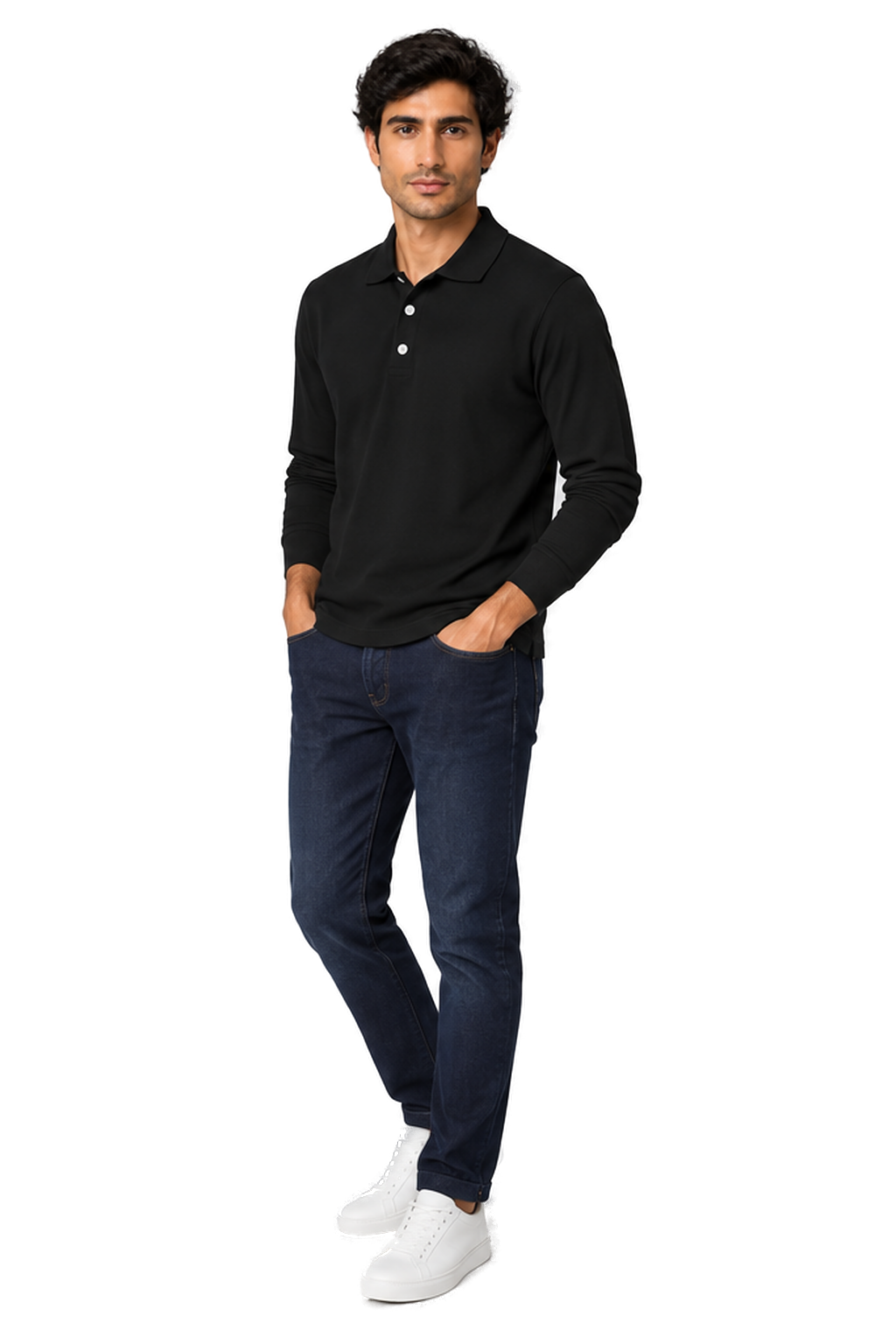 Men's Long Sleeve Polo Shirt Soft Knit Button Collar in Black - longinho view