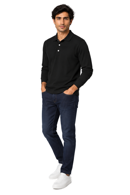 Men's Long Sleeve Polo Shirt Soft Knit Button Collar in Black - longinho view