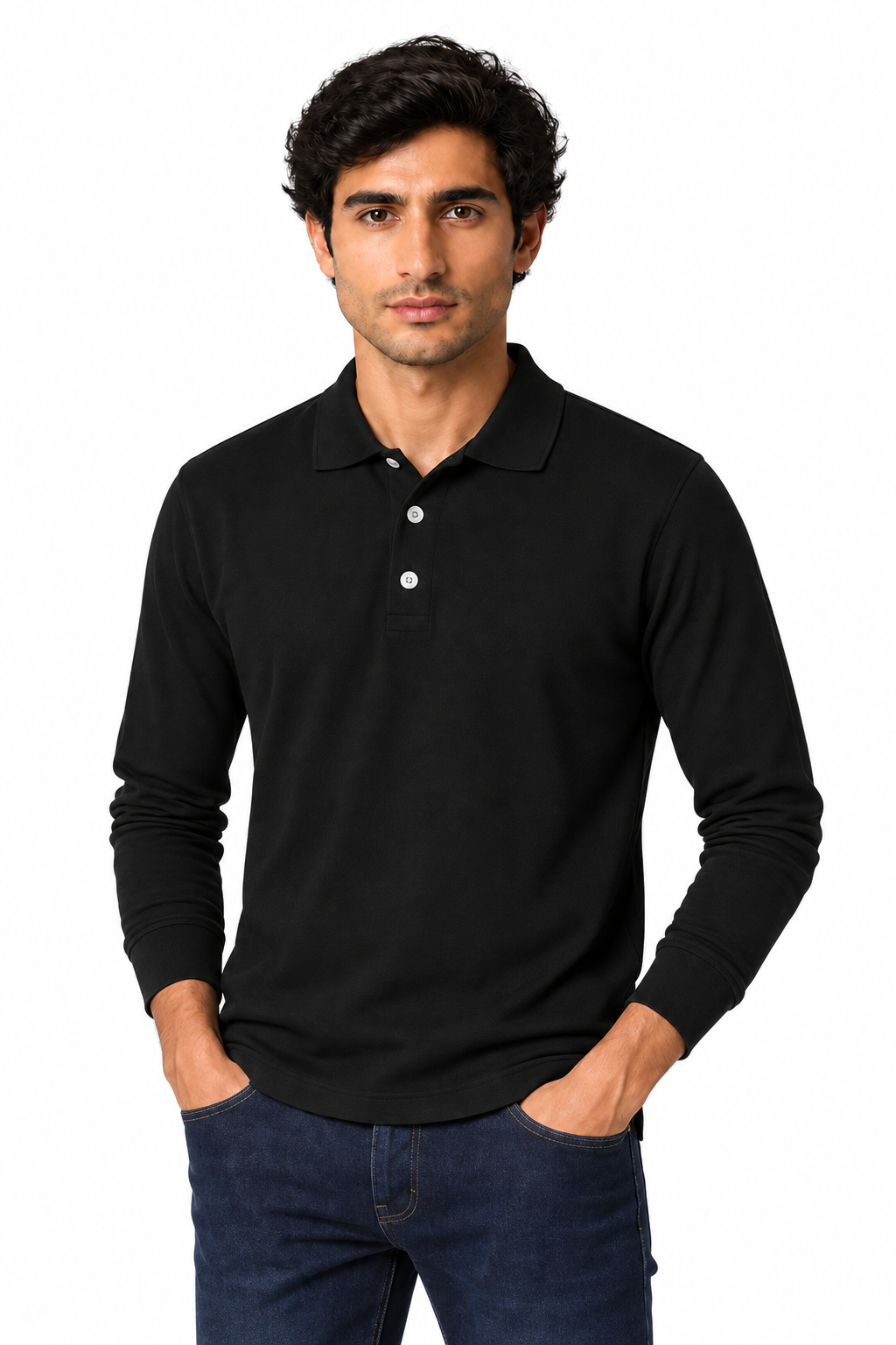 Men's Long Sleeve Polo Shirt Soft Knit Button Collar in Black - perto view