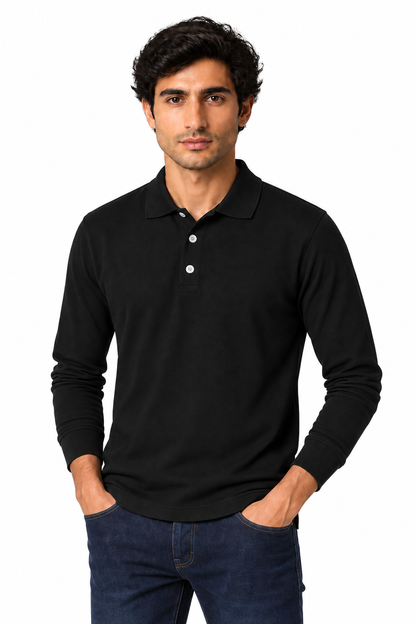 Men's Long Sleeve Polo Shirt Soft Knit Button Collar in Black - perto view