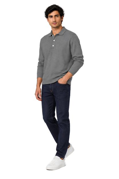 Men's Long Sleeve Polo Shirt Soft Knit Button Collar in Dark Gray - longinho view
