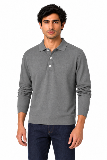 Men's Long Sleeve Polo Shirt Soft Knit Button Collar in Dark Gray - perto view