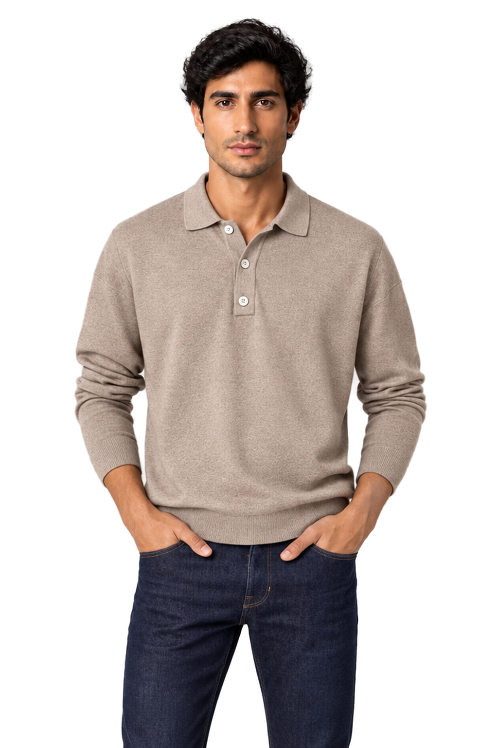 Men's Long Sleeve Polo Shirt Soft Knit Button Collar in Khaki - front view