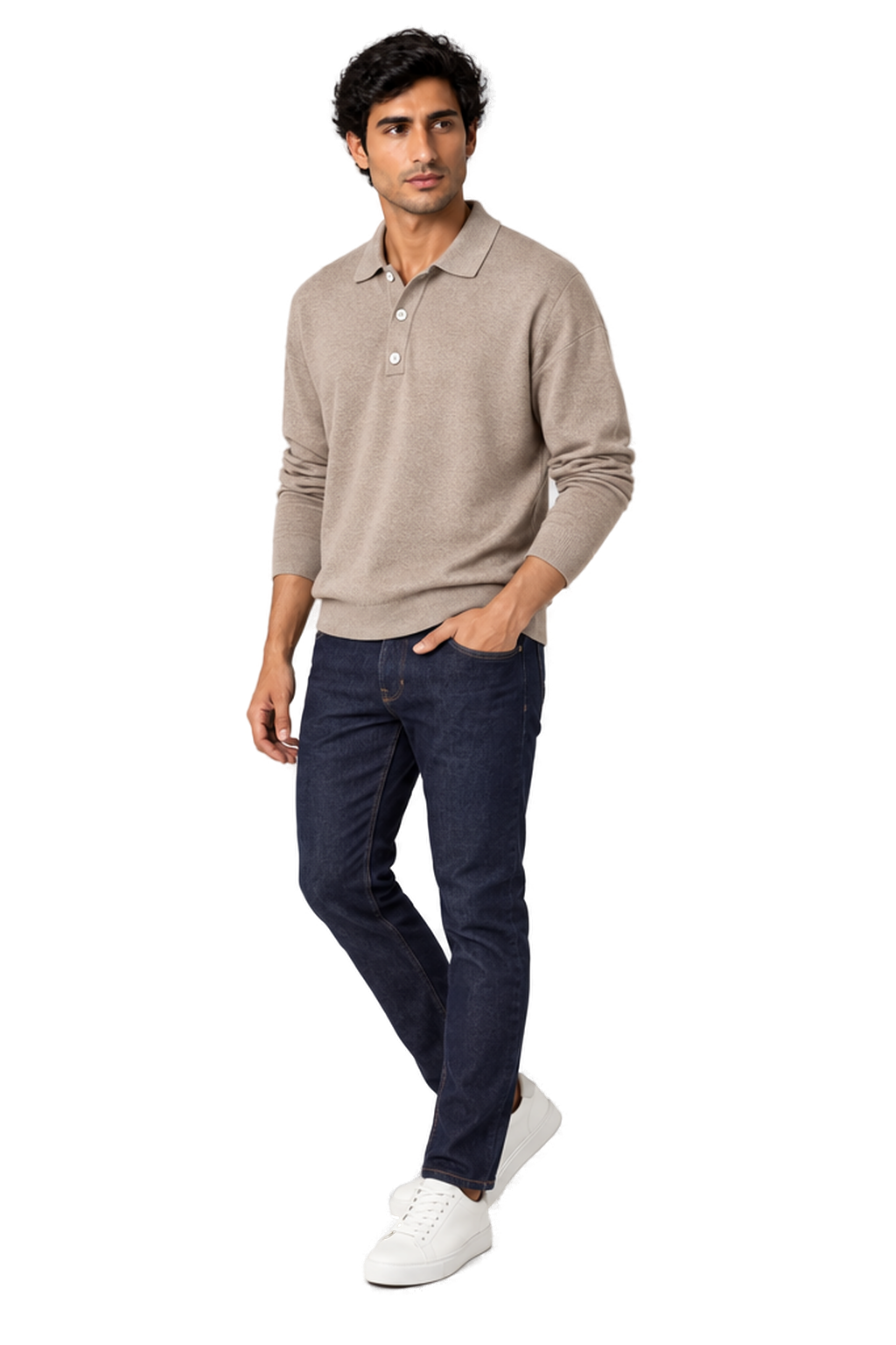 Men's Long Sleeve Polo Shirt Soft Knit Button Collar in Khaki - longinho view