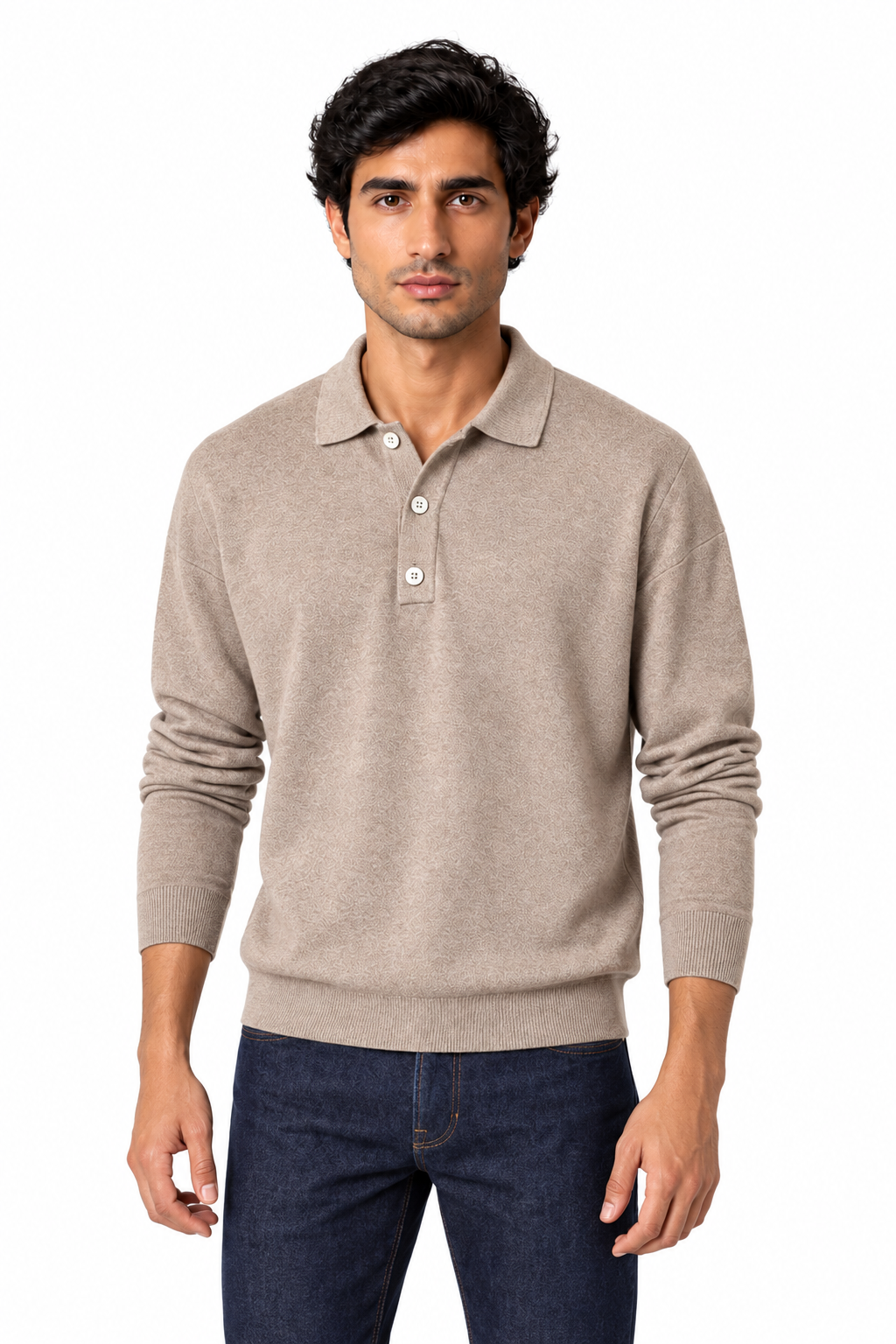Men's Long Sleeve Polo Shirt Soft Knit Button Collar in Khaki - perto view