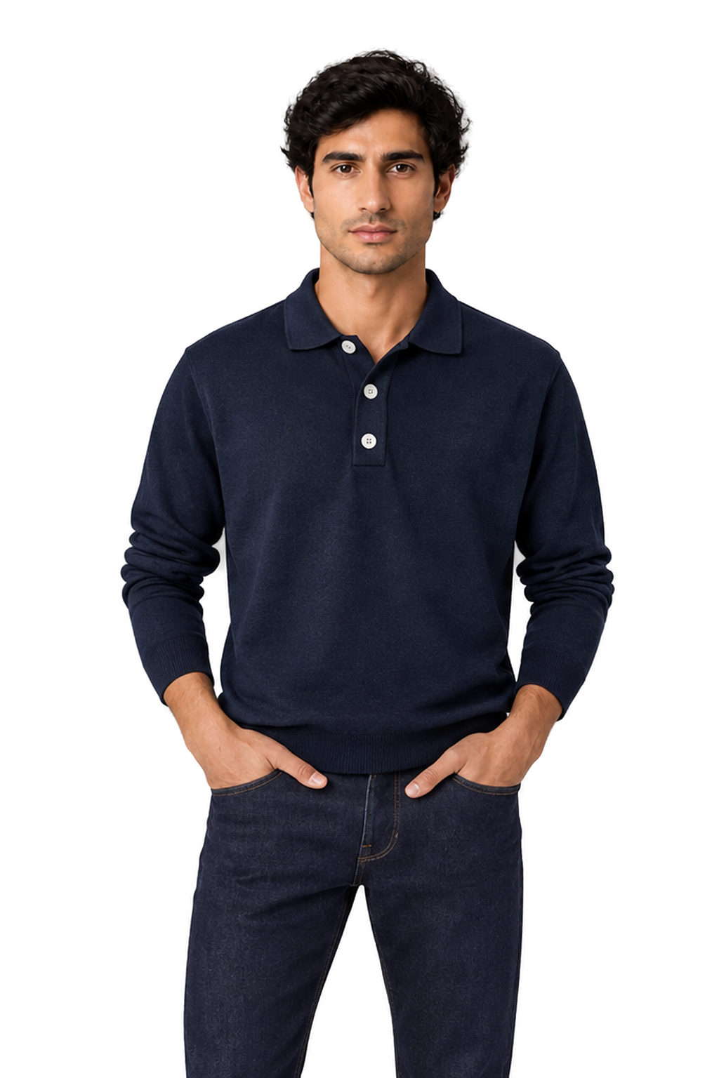 Men's Long Sleeve Polo Shirt Soft Knit Button Collar in Navy - front view
