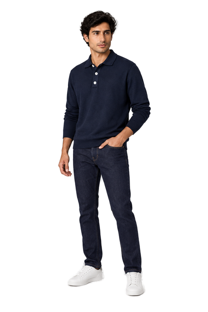 Men's Long Sleeve Polo Shirt Soft Knit Button Collar in Navy - longinho view