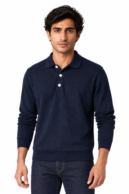 Men's Long Sleeve Polo Shirt Soft Knit Button Collar in Navy - perto view
