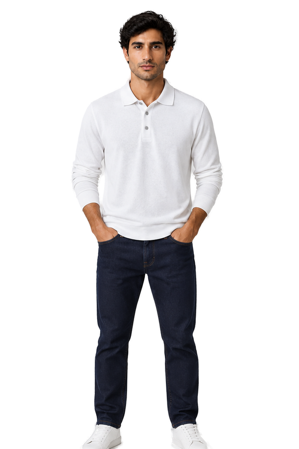 Men's Long Sleeve Polo Shirt Soft Knit Button Collar in White - front view