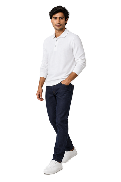 Men's Long Sleeve Polo Shirt Soft Knit Button Collar in White - longinho view