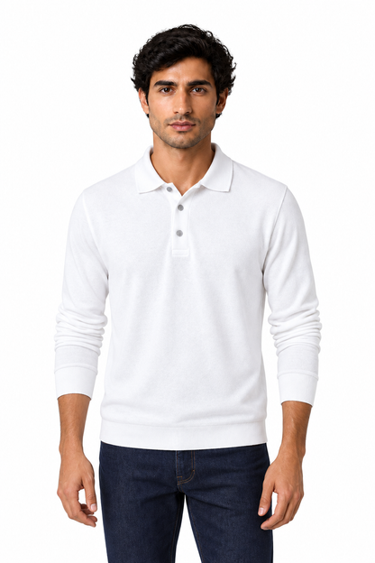 Men's Long Sleeve Polo Shirt Soft Knit Button Collar in White - perto view