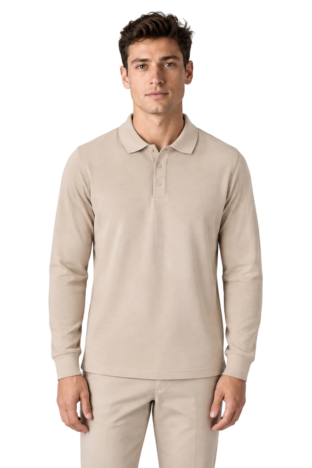 Men's Long Sleeve Polo Shirt Solid Color Classic Fit in Apricot - front view