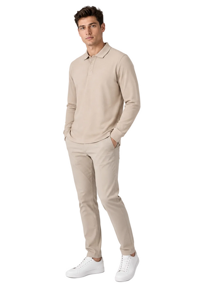 Men's Long Sleeve Polo Shirt Solid Color Classic Fit in Apricot - longinho view