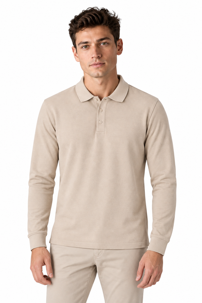 Men's Long Sleeve Polo Shirt Solid Color Classic Fit in Apricot - perto view