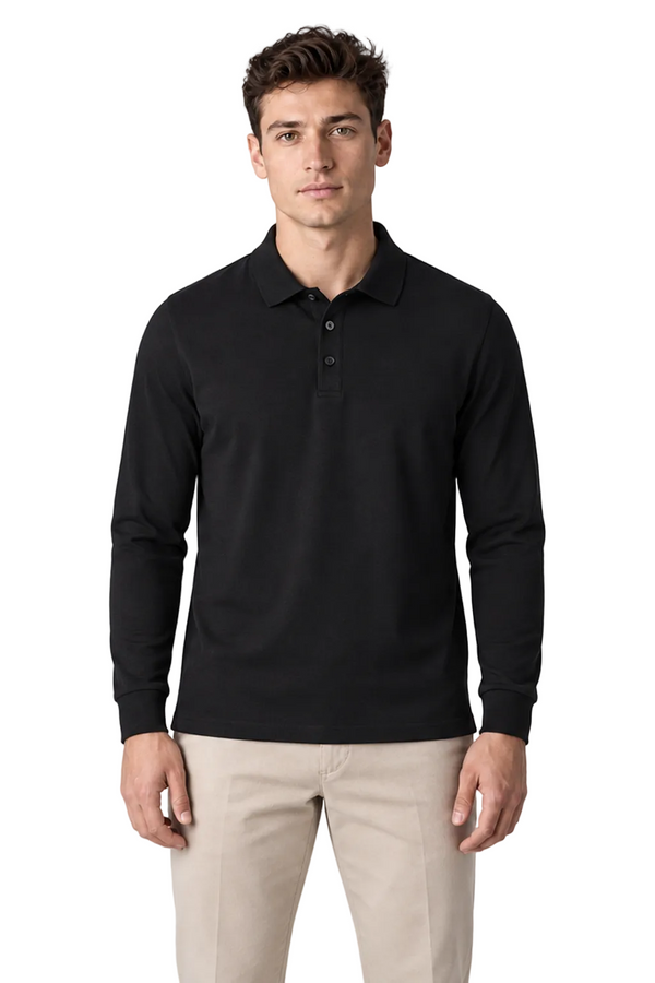 Men's Long Sleeve Polo Shirt Solid Color Classic Fit in Black - front view