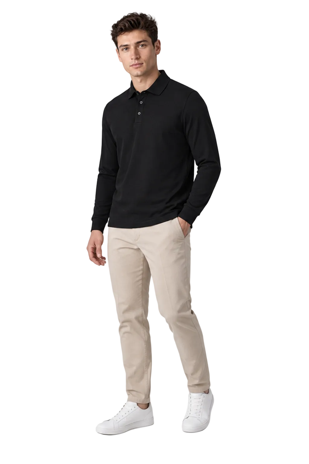 Men's Long Sleeve Polo Shirt Solid Color Classic Fit in Black - longinho view
